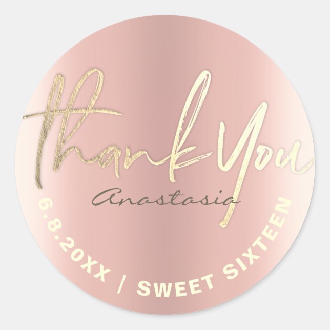 Adesivo Redondo Obrigado Rosa Dourado Faux Foil Personalizado (Frente)