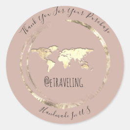 Adesivo Redondo Obrigado Rosa Dourado Mapa do Mundo Viagem Logotip