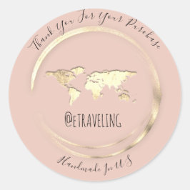 Adesivo Redondo Obrigado Rosa Dourado Mundo Mapa Viajando Globo
