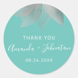 Adesivo Redondo Obrigado Rosa Folha Dourada Nome Data Branco Bege 