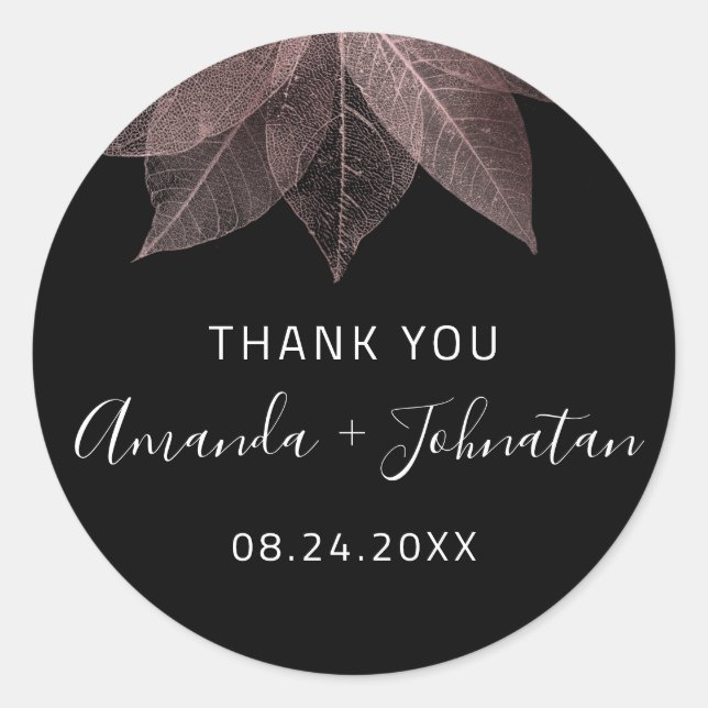 Adesivo Redondo Obrigado Rosa Folha Dourada Nome Data Preto Branco (Frente)