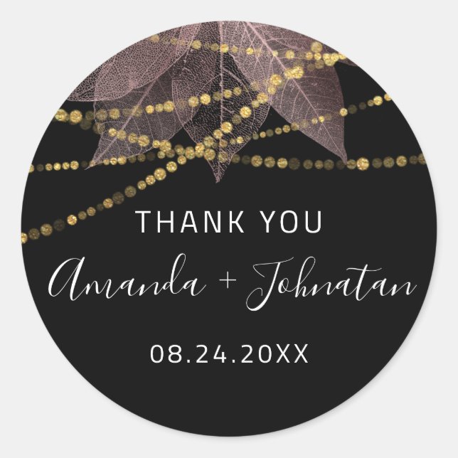 Adesivo Redondo Obrigado Rosa Folha Dourada Nome Data Rosa Dourada (Frente)