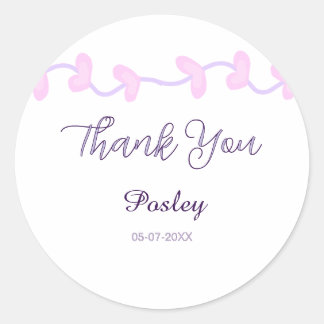Adesivo Redondo obrigado rosa roxo pastel casamento nome data lea
