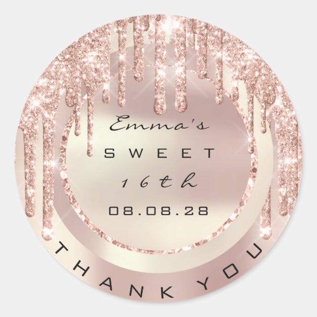 Adesivo Redondo Obrigado Rose Drips Doce 16º Brilho 15º Faísca (Frente)