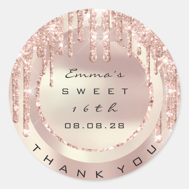 Adesivo Redondo Obrigado Rose Drips Sweet 16º Brilho 15º VIP (Frente)