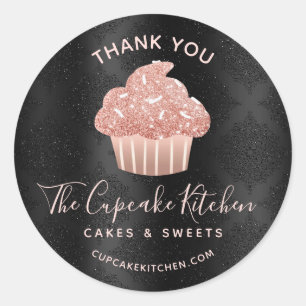 Adesivo Redondo Obrigado Rose Gold Cupcake Bakery Black Damask