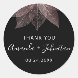 Adesivo Redondo Obrigado Rose Gold Leaf Nome Data Preto Branco Beg