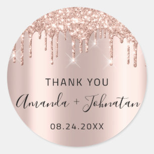 Adesivo Redondo Obrigado Rose Gold Nome Salvar Data Preto  Gotas