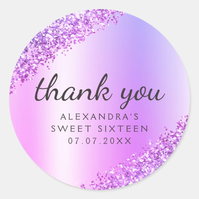 Adesivo Redondo Obrigado Roxo Ombre Glitter Girly Sweet 16 (Frente)