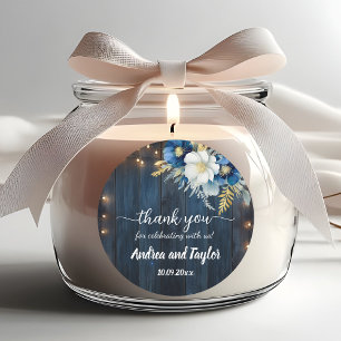 Adesivo Redondo Obrigado Rustic Blue Wood White Floral Casamento