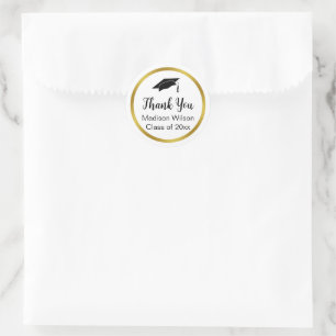 Adesivo Redondo Obrigado Script Graduação Preto Branco Dourado