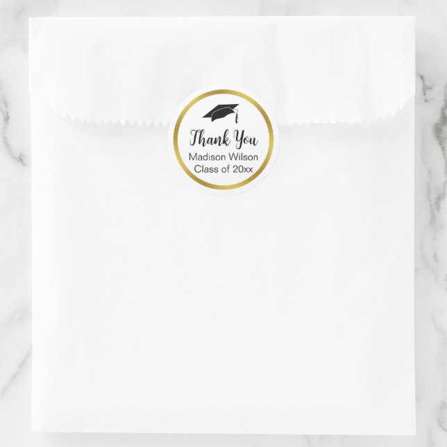 Adesivo Redondo Obrigado Script Graduação Preto Branco Dourado (Bolsa)