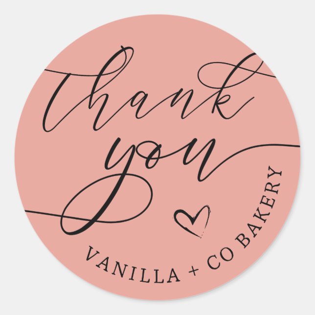 Adesivo Redondo Obrigado Script Heart Bak Goods Classe de Negócios (Frente)