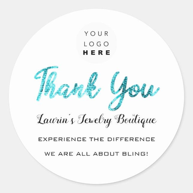 Adesivo Redondo Obrigado Script Nome Compro Branco Azul (Frente)