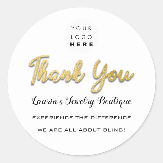 Adesivo Redondo Obrigado Script Nome Compro Web White Dourado (Frente)