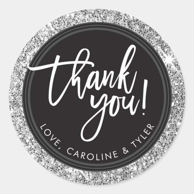 Adesivo Redondo OBRIGADO SEAL moderno letTERista prateado (Frente)