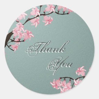 Adesivo Redondo Obrigado Seal Teal Pink Cherry Blossom Casamento