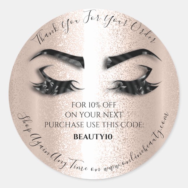 Adesivo Redondo Obrigado Solicite o logotipo Desconto Rosa Lashes  (Frente)
