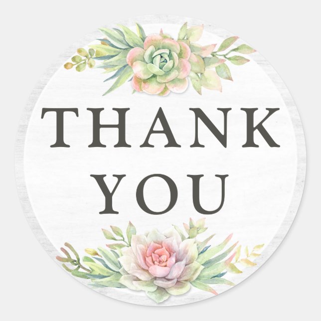 Adesivo Redondo Obrigado Suculenta Cacto Aquarela Madeira Rústica (Frente)