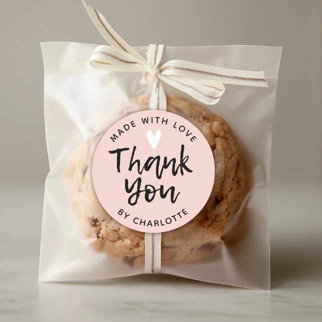 Adesivo Redondo Obrigado Tipografia Blush Clássico Redondo Rosa (A simple minimalist made with love thank you sticker for your homemade party favors)