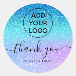 Adesivo Redondo Obrigado tipografia logotipo sereia brilho azul