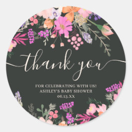 Adesivo Redondo Obrigado tipografia prado pastel flores silvestres