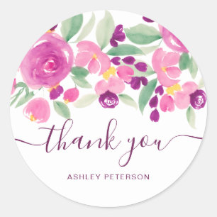 Adesivo Redondo Obrigado tipografia quic floral roxo aquarela
