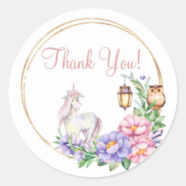 Adesivo Redondo Obrigado Unicorn Owl Watercolor Floral