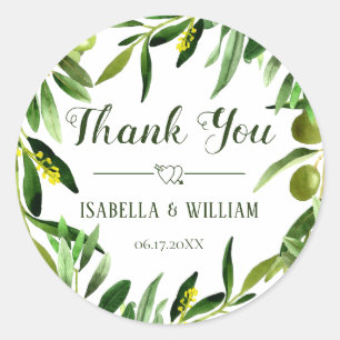 Adesivo Redondo Obrigado verde-oliva elegante do casamento do