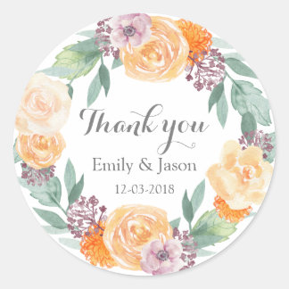 Adesivo Redondo Obrigado, viciante de casamento de pêssego floral