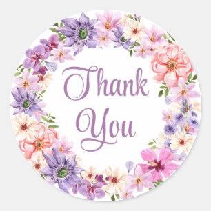 Adesivo Redondo obrigado você aquarela flores roxas elegantes