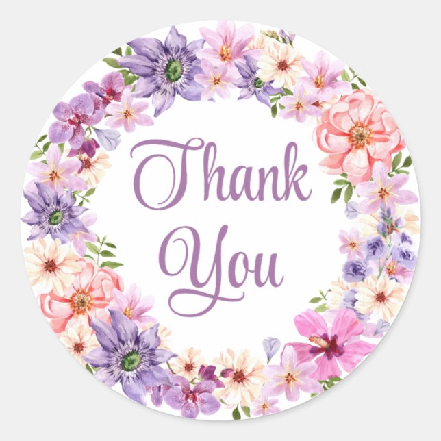 Adesivo Redondo obrigado você aquarela flores roxas elegantes (Frente)