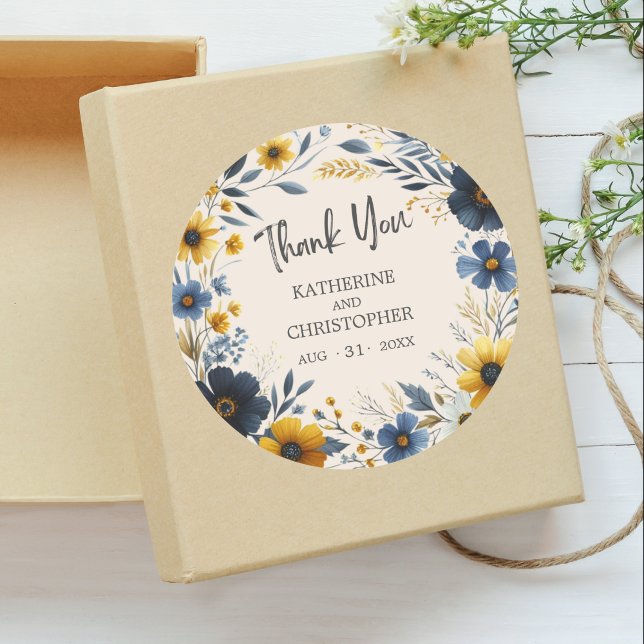 Adesivo Redondo Obrigado Watercolor Wildflower Elegant Wedding (Wedding Thank You Sticker with Watercolor Wildflowers in dark blue and yellow.)