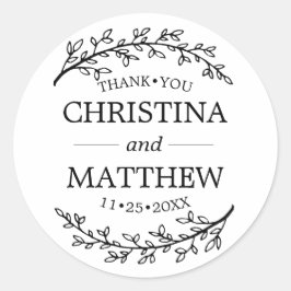 Adesivo Redondo Obrigado White Black Laurel Branches Casamento