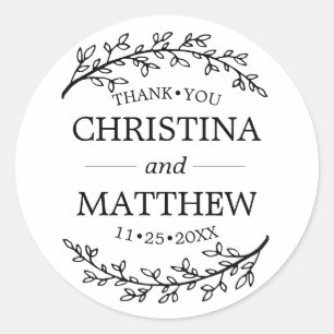 Adesivo Redondo Obrigado White Black Laurel Branches Casamento