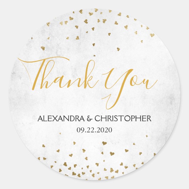 Adesivo Redondo Obrigado White Gold Foil Confetti Casamento (Frente)