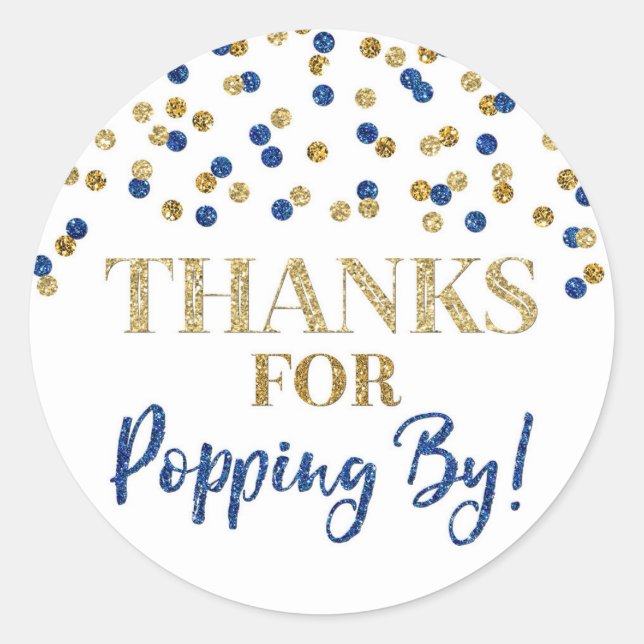 Adesivo Redondo Obrigados Azuis Dourados de Confetti para Pop by (Frente)