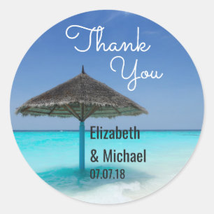 Adesivo Redondo Obrigados Cênicos de Casamento de Praia Tropical