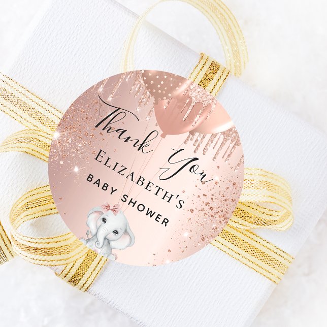 Adesivo Redondo obrigados chá de fraldas elefantes-rosa de-ouro (Criador carregado)