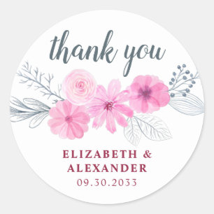 Adesivo Redondo obrigados cinzas de flores de primavera rosa moder