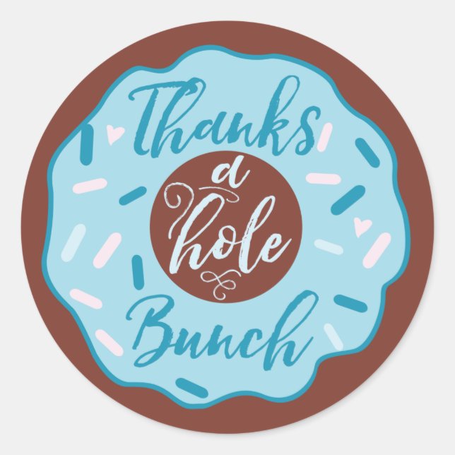 Adesivo Redondo Obrigados Com Alças De Rosquinha Azul De Buraco (Frente)