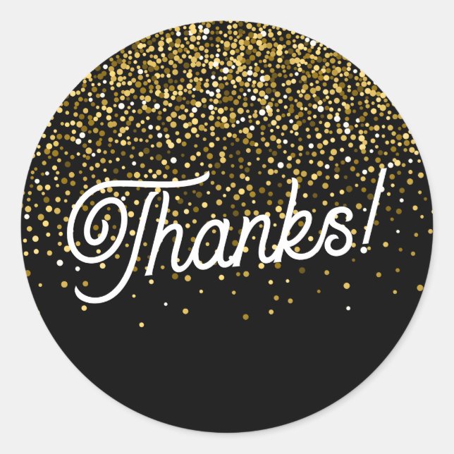 Adesivo Redondo Obrigados! Confetti Preto e Dourado (Frente)