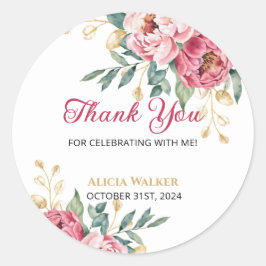 Adesivo Redondo Obrigados de Aniversário do Dourado Folha Vermelha