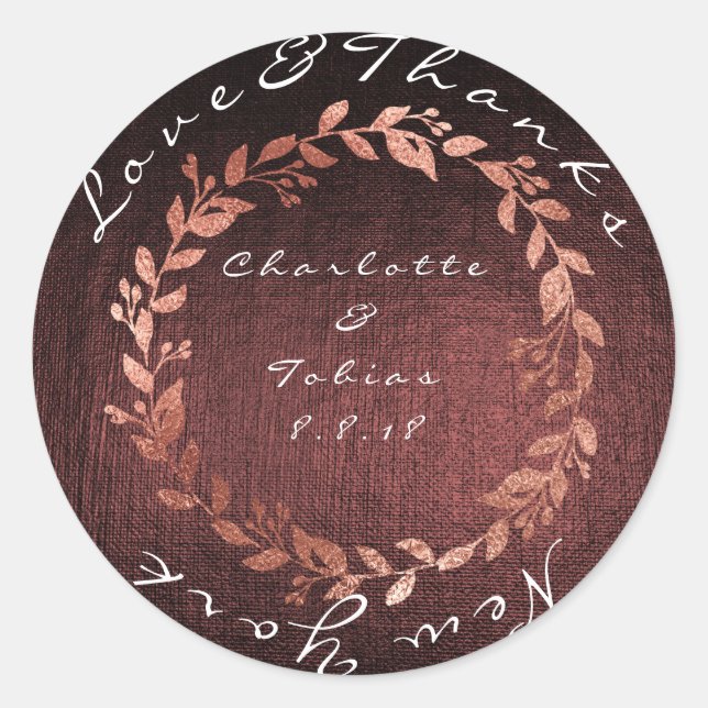 Adesivo Redondo Obrigados de Casamento Rosa Falso Maroon Metálico  (Frente)