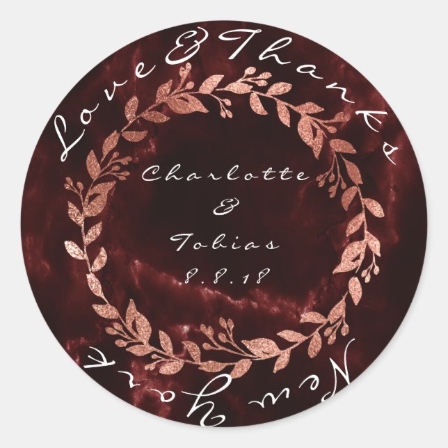 Adesivo Redondo Obrigados de Casamento Rosa Faux Marble Burgundy M (Frente)