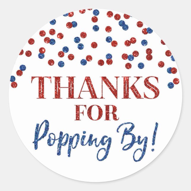 Adesivo Redondo Obrigados de Confetti Azul Vermelho para Pop by (Frente)