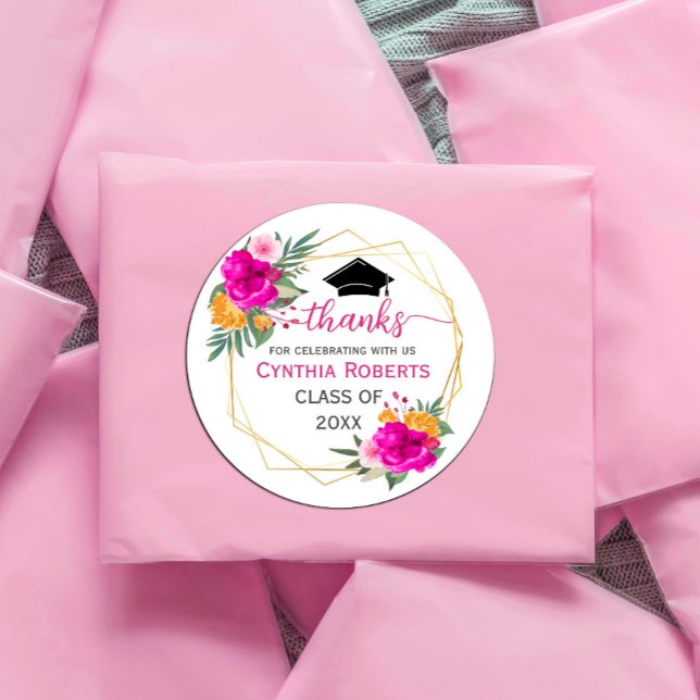 Adesivo Redondo Obrigados de Graduação de Primavera de Flor Selvag ("Say thank you in full bloom! 🌼🎓 Add a splash of color to your celebration with this  sticker.")