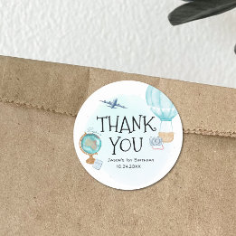 Adesivo Redondo Obrigados de primeiro aniversario Azul Aventura de