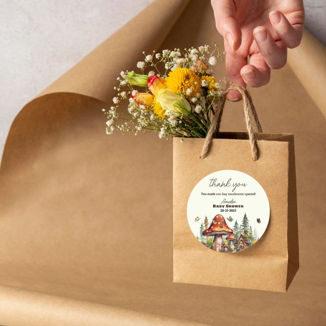 Adesivo Redondo Obrigados de queda de Chás de fraldas de Cogumelos (mushroom food, rustic fall tent, forest animal party labels, woodland buffet autumn, fall)