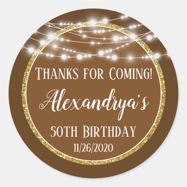 Adesivo Redondo Obrigados Dourados De Aniversário Castanhos Para A (Frente)